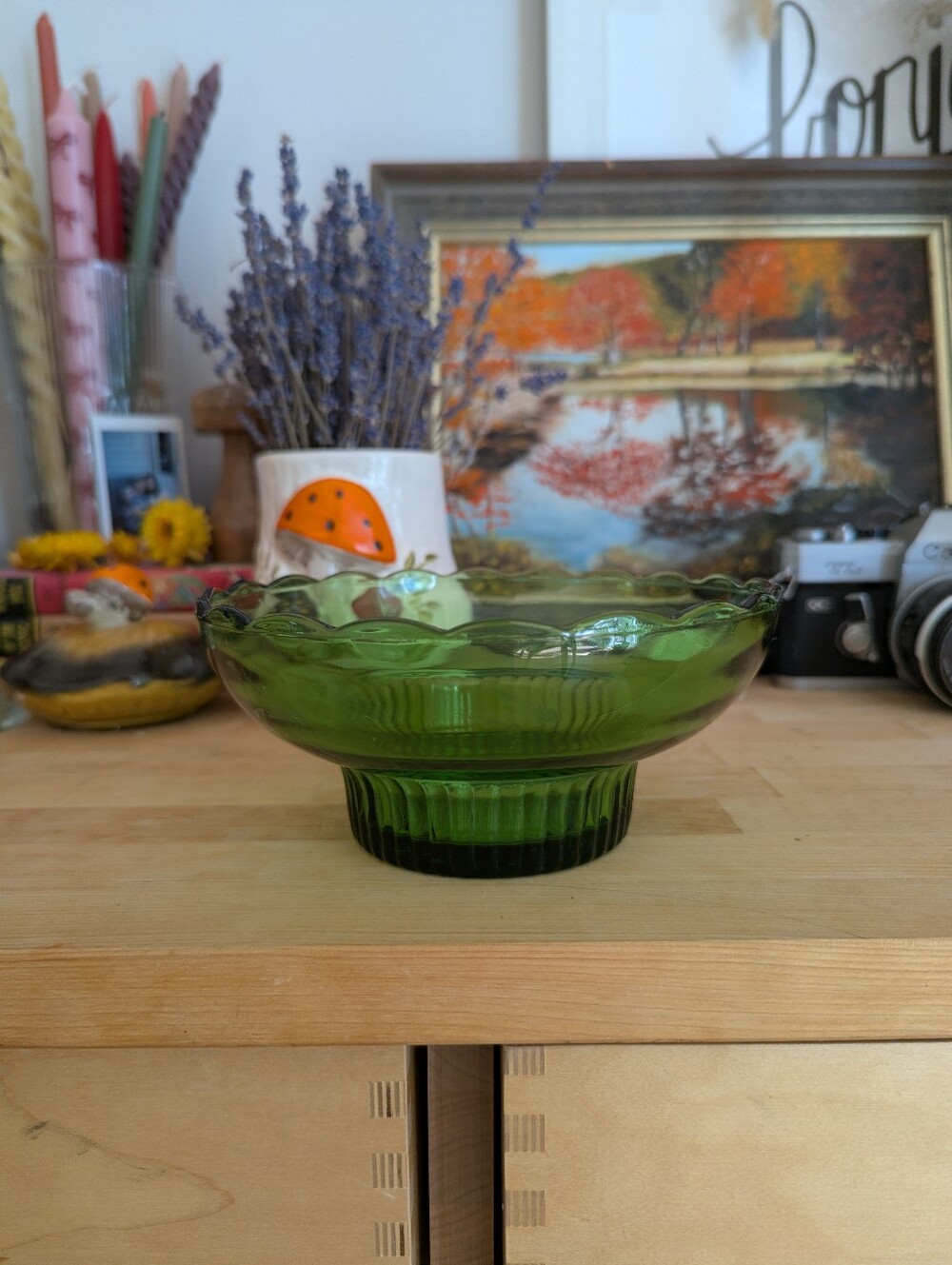Vintage 50s EO Brody Green Glass Pedestal Bowl